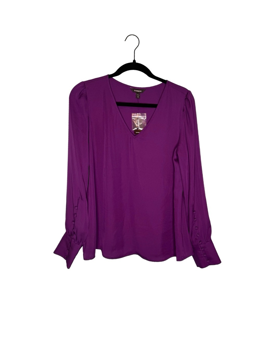 Express Purple V-Neck Long Sleeve Blouse with button cuff detail